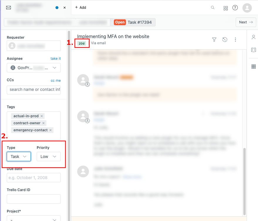 A single Zendesk ticket with an SLA applied to it (1) and its type and priority set (2)